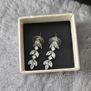 Silver Leaf Crystal Drop Earrings - Sparkling Clear Stones